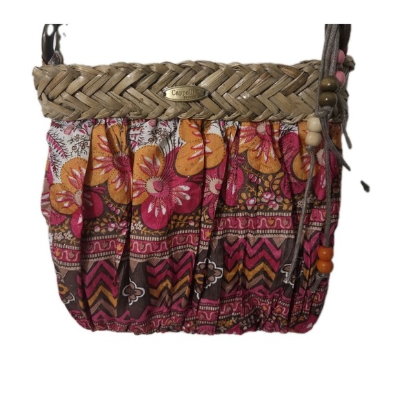 Cappelli Straworld Small Boho Tassel Beaded Fabric & Straw Crossbody Purse - Picture 1 of 4